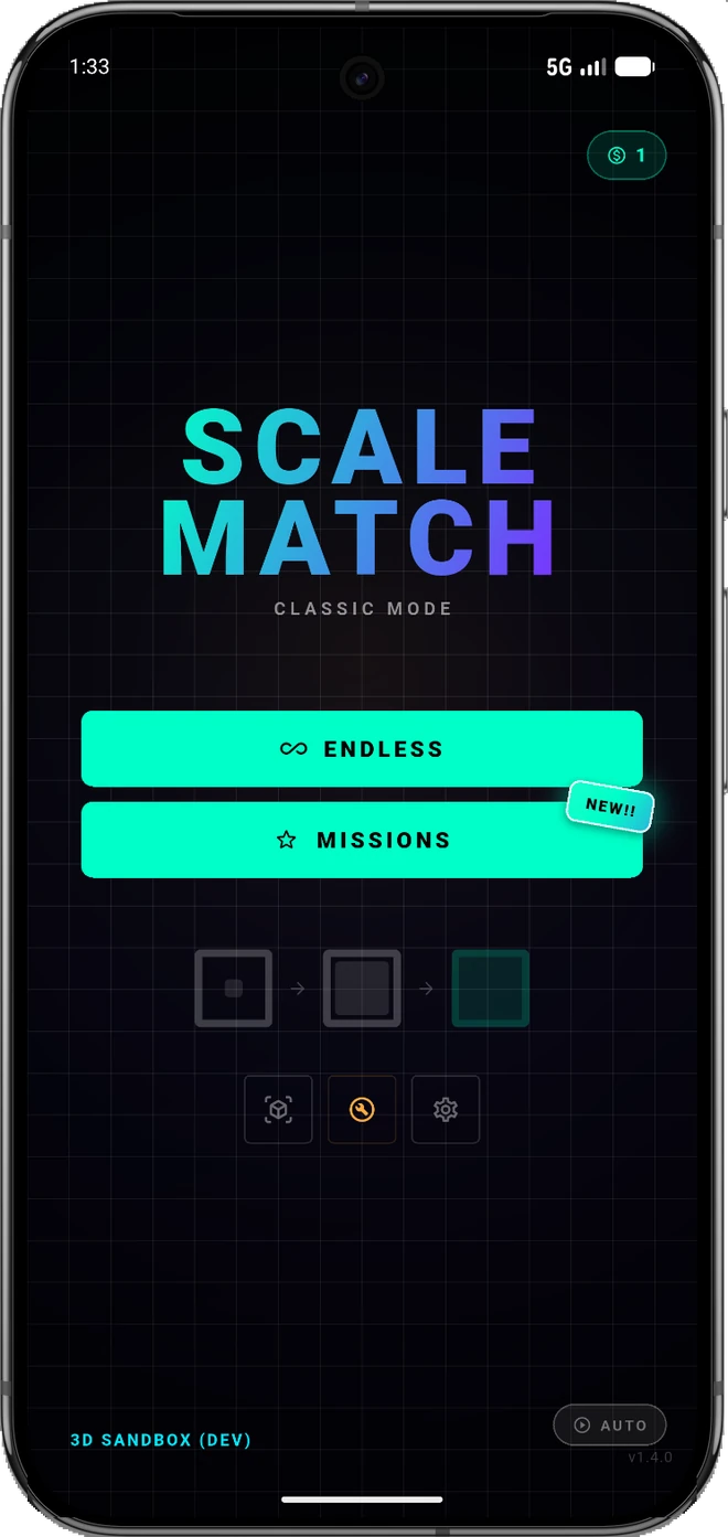 Scale Match main menu with the endless and missions buttons