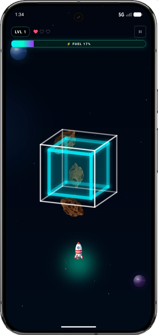 A rocket below a glowing cube gate, with asteroids and a fuel bar
