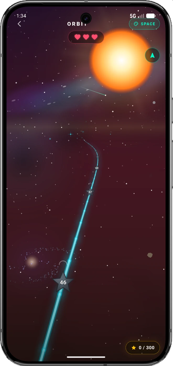 An orbital map with a glowing route running past numbered waypoints